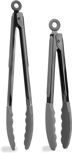 Vista 12 de Country Kitchen Pinzas de cocina de acero inoxidable con punta de silicona para utensilios de cocina antiadherentes, tarifa de BPA, elegante Gris