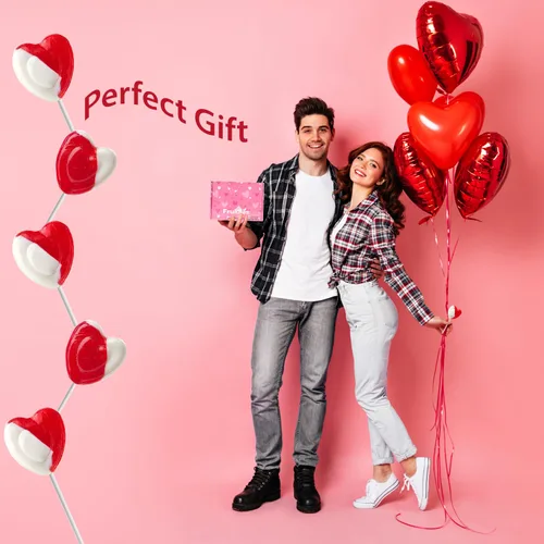Vista 6 de Paletas para el día de San Valentín con forma de corazón rojo sabor fresa y crema, 24 paletas, envueltas individualmente