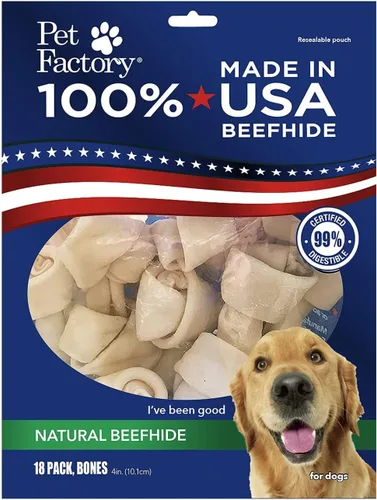 Vista 11 de Pet Factory Golosinas masticables para perros, 100% fabricadas en Estados Unidos, huesos anudados de 4 pulgadas, sabor a pollo, 18 unidades/1 paquete