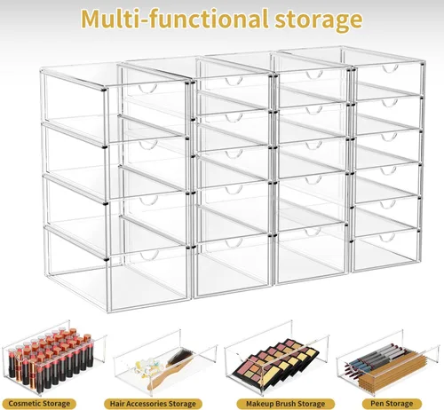 Vista 4 de Organizador de maquillaje acrílico con 20 cajones, juego de 4 cajones de almacenamiento transparentes, organizador de cajones de acrílico
