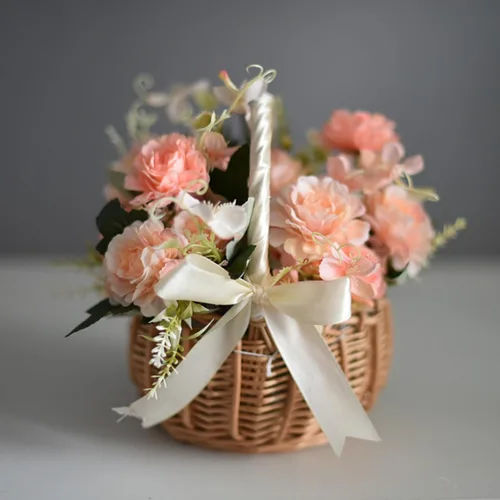 Vista 6 de Lyellfe Paquete de 2 canastas de mimbre hechas a mano con cinta de seda con asa, cesta decorativa para huevos y dulces para regalos, bodas