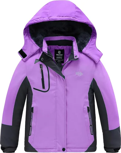 Vista 9 de Wantdo - Chaqueta impermeable para niñas, con capucha, de invierno con forro polar, para la nieve, resistente al agua, ropa exterior Rojo rosa