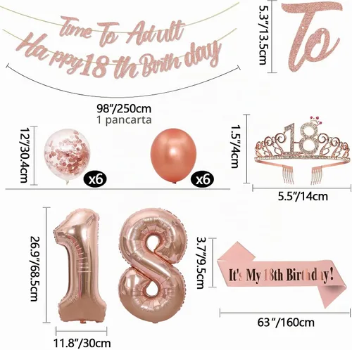 Vista 2 de Decoraciones de cumpleaños número 18 de oro rosa para niñas, pancarta de cumpleaños número 18, banda de cumpleaños 18, tiara de 40 pulgadas, número