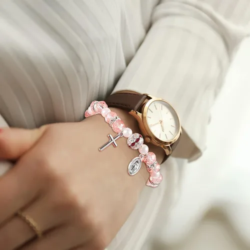 Vista 7 de Junkin Beaded Stretch Rosary Bracelet with Mesh Bags Catholic Bracelets for Women Girls Religious Rosary Bead Bracelet Pink Bracelet Crucifix Medal