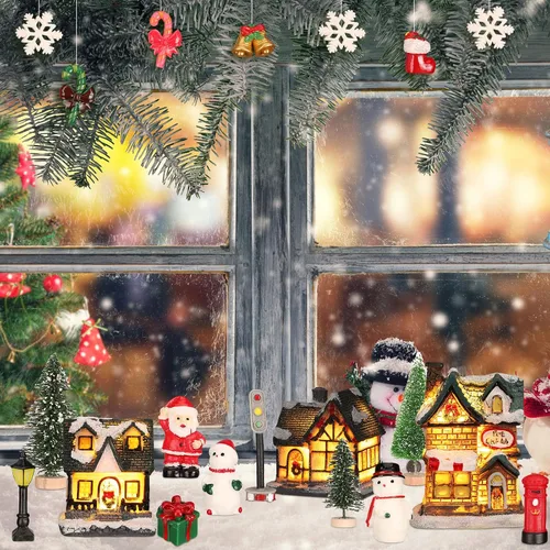Vista 4 de Liliful Juego de 46 piezas de casa de pueblo de Navidad, figuras de escena de Navidad, decoración con luces LED de aldea de Navidad, figuras