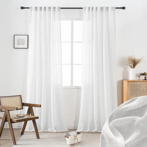 Vista 23 de 2 paneles de cortinas de lino transparente natural de 45 pulgadas, color beige para ventanas pequeñas, bolsillo con pestaña trasera, cortinas cortas
