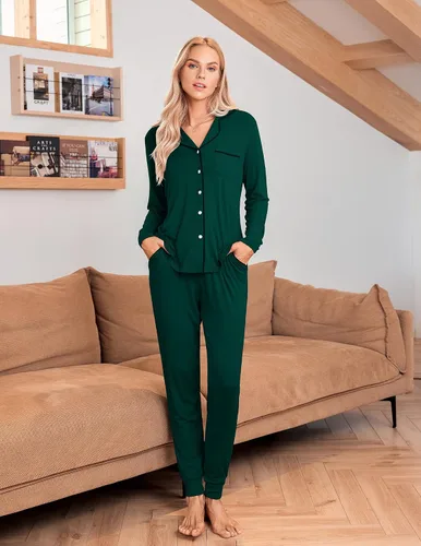 Vista 2 de Ekouaer Conjunto de pijama de manga larga para mujer, ropa de dormir con botones y bolsillos