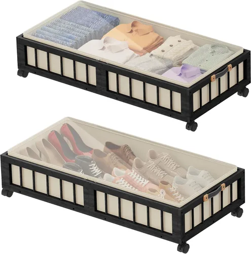 Vista 8 de efluky Paquete de 2 contenedores de almacenamiento de bambú debajo de la cama con ruedas, cesta de almacenamiento de ropa debajo de la cama
