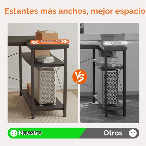 Vista 5 de Mericonia Escritorio para Computadora en Forma de L con Tomas de Corriente, Escritorio de Juegos Reversible con Estantes de Almacenamiento y Soporte