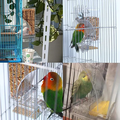 Vista 2 de Hamiledyi Alimentador automático de jaulas para pájaros sin ensuciar, con perca, acrílico transparente, contenedor de alimentos, accesorios