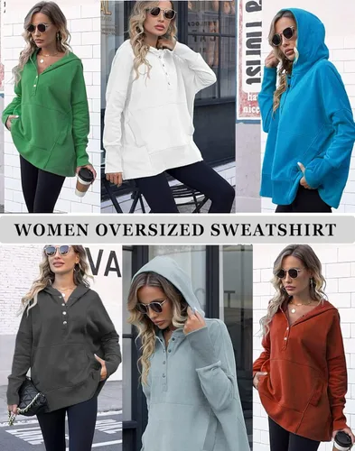 Vista 3 de onlypuff Sudadera con capucha y capucha de gran tamaño para mujer, cuello en V, con botones, ajuste holgado, estilo Henley 2022, moda de otoño