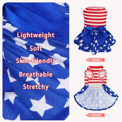 Vista 3 de PUPTECK Vestido estampado para perro, ropa para mascotas para el 4 de julio con lindo corbatín para cachorros, bandera, XS Estilo americano