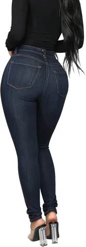 Vista 15 de KUNMI - Pantalones de mezclilla clásicos de cintura alta para mujer, elásticos, con efecto de levantamiento de glúteos, ajustados