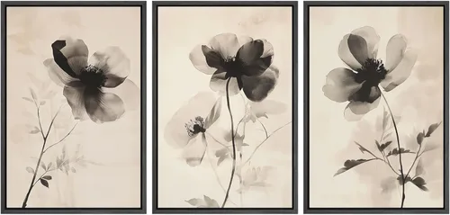 Vista 80 de SIGNWIN Lienzo enmarcado para pared, juego de arte de collage de hojas transparentes en blanco y negro, ilustraciones de naturaleza silvestre, arte