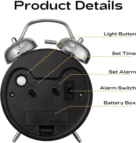 Vista 6 de AKCISOT - Reloj despertador de alarma fuerte para personas con sueño profundo, 11,43 cm de reloj analógico de campana doble de metal, funciona