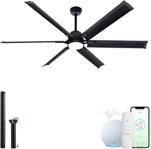 Vista 8 de Ventilador de techo con aspas de aluminio de 60 pulgadas con luz, ventilador inteligente industrial que funciona con Alexa, ventiladores de techo