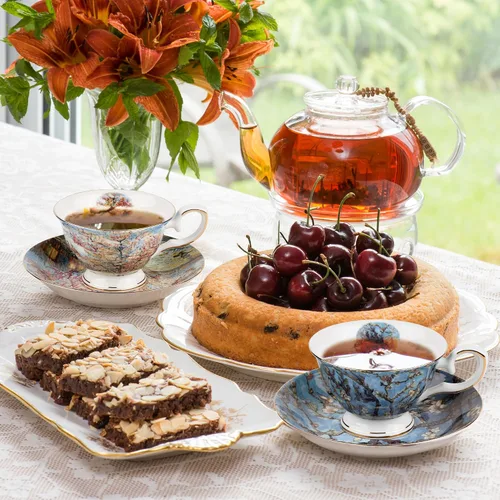 Vista 3 de Juego de 2 Tazas de Té Florales con Platillos, Porcelana de Hueso de 7 oz, Tazas de Té Británicas, Taza de Café de Porcelana para Té de Rosa