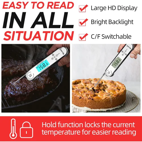 Vista 2 de Termómetro digital de cocina, preciso e impermeable, de lectura instantánea, termómetro de carne con retroiluminación, calibración, sonda