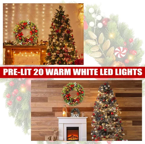 Vista 5 de Sggvecsy Corona de Navidad Artificial de 17 Pulgadas para Puerta Principal con 20 Luces LED Agujas de Pino Bolas de Navidad Bayas Rojas Blancas