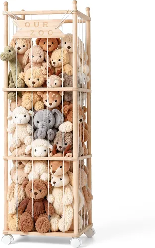 Vista 8 de Mloong Almacenamiento en zoológico de animales de peluche, animal de peluche de madera rosa, regalo para guardería, sala de juegos, dormitorio