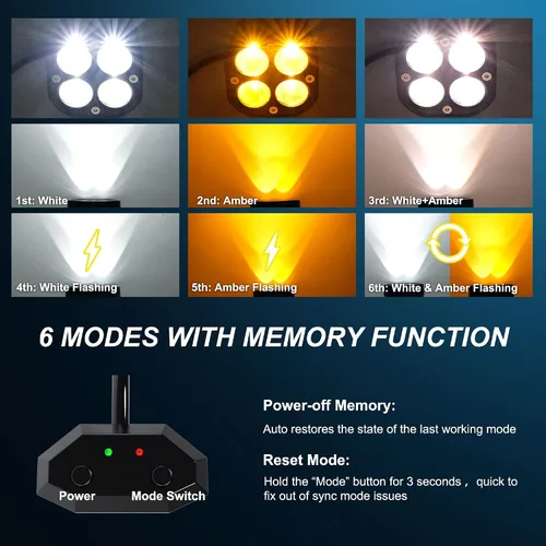 Vista 6 de 2 luces LED de trabajo de 3 pulgadas / 3 pulgadas, vainas estroboscópicas intermitentes de color blanco/ámbar con seis modos de luces antiniebla