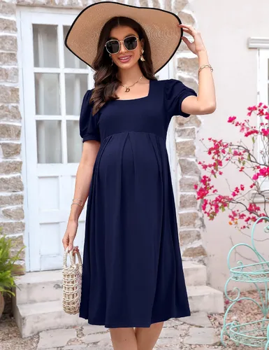 Vista 3 de MISSKY Vestidos de maternidad de manga corta para mujer, cuello cuadrado, fruncido, ropa de embarazo para uso diario o baby shower