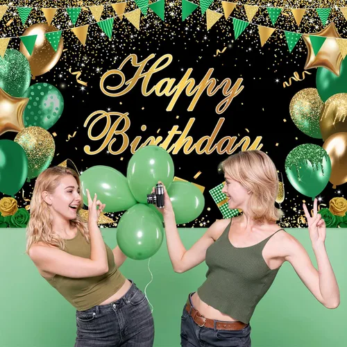 Vista 6 de Avezano Cartel verde de feliz cumpleaños verde dorado negro telón de fondo de feliz cumpleaños con purpurina decoración de fiesta de cumpleaños