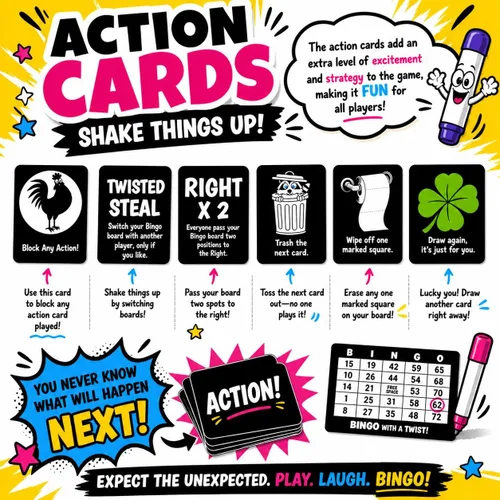 Vista 4 de Juego de Fiesta Bingo con un Giro, Bingo con Cartas de Acción, Giro Divertido, Cartas de Acción con Bloquear, Intercambiar y Robar, No Más Pelotas