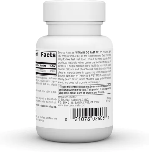 Vista 3 de Source Naturals Vitamina D-3 2000 iu apoya la salud ósea e inmunológica - Sabor melocotón cereza negra - 120 tabletas de fusión rápida