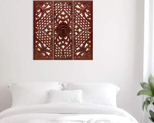 Vista 3 de Light & Pro Arte de pared marroquí-chino, juego de 3 paneles florales hechos a mano de 36 x 12 pulgadas para sala de estar, dormitorio y pasillo