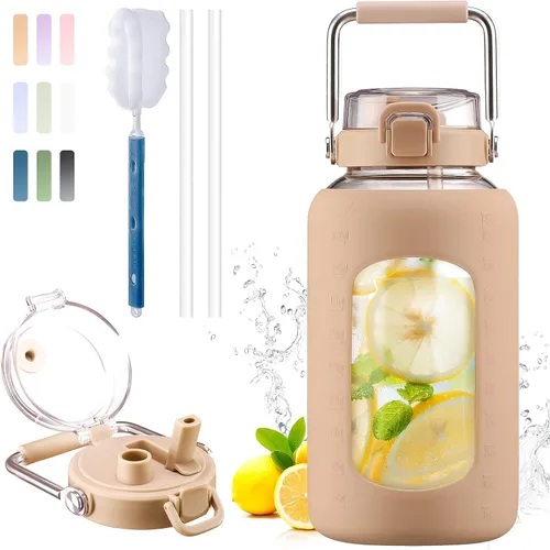 Vista 31 de BLUEGO Botella de agua de vidrio de 64 onzas con mango de acero inoxidable, botella de agua grande con marcadores de tiempo y funda de silicona Ámbar