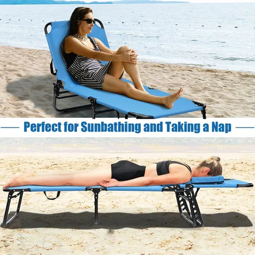 Vista 4 de Sillón plegable de playa con 5 respaldos ajustables y almohada acolchada, tumbona para tomar el sol, silla plana de bronceado para cubierta de Azul