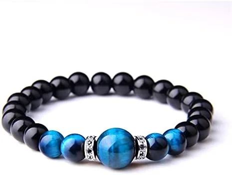 Vista 5 de Natural Stone Bracelets Men Royal Blue Tiger Eye Bracelets Bangle Fashion CZ Charm Black Onyx Beads IE1SG (4.rose gold color-23cm)