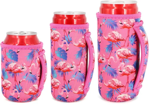 Vista 19 de 3 Pack de fundas aisladas reutilizables de neopreno con asa para soda, bebida energética, refresco, cerveza, seltzer duro, fundas para latas de 12