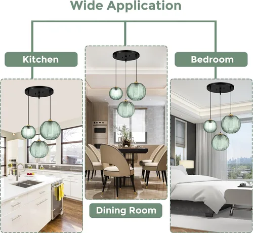 Vista 6 de Lámpara colgante verde, 3 en 1, accesorios de lámpara colgante de vidrio grande E26 E27 de mediados de siglo, lámpara de araña moderna acanalada