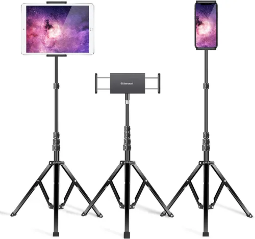 Vista 10 de elitehood Trípode de aluminio resistente para tableta, soporte de trípode ajustable para iPad con inclinación giratoria de 360 grados, soporte