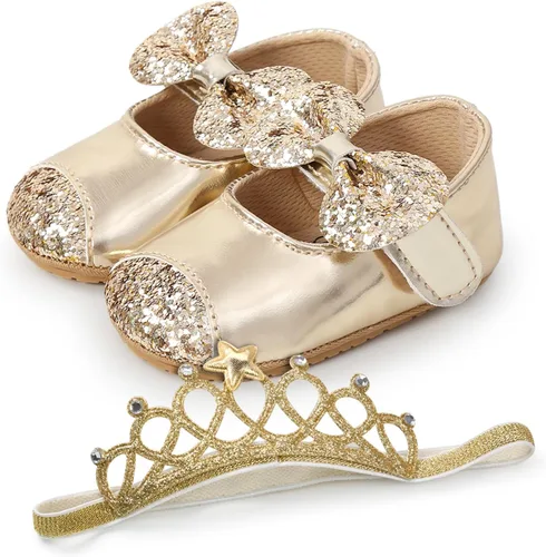 Vista 5 de Zapatos planos Mary Jane para bebé con diadema de lazo, vestido de princesa floral para bebé, suela suave, zapatos de cuna antideslizantes