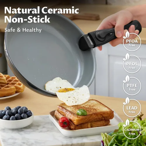 Vista 3 de BEZIA Utensilios de cocina de inducción con revestimiento de cerámica saludable, juego de ollas y sartenes antiadherentes, 10 piezas con asas