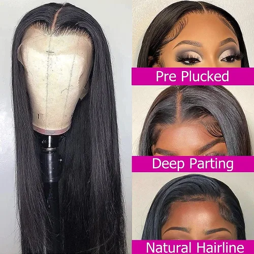 Vista 2 de lalula Pelucas de cabello humano lacio con encaje frontal para mujeres negras, pelucas de encaje frontal de 13 × 4, pelucas de cabello humano virgen