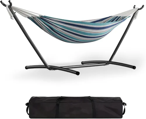 Vista 7 de GarveeLife Hamaca de 57 pulgadas para 2 personas, hamaca de algodón de diseño ampliado con soporte de metal, construcción resistente, capacidad