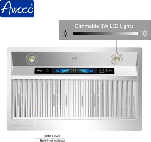 Vista 4 de Awoco Campana extractora de 30 pulgadas, campana de cocina integrada con 800 CFM, control de voz/gestos/táctil, campana de estufa de acero