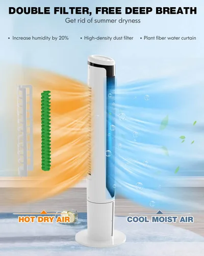 Vista 4 de ARLIME Enfriador de aire evaporativo, ventilador de torre oscilante con control remoto, oscilación de 70°, 3 velocidades y temporizador de 9 horas