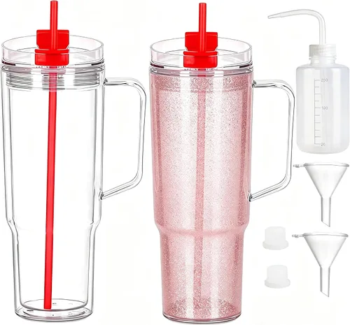 Vista 20 de Vasos de plástico de 40 onzas con asa, tapa de rosca con popote incluido, botella de agua reutilizable de doble pared a prueba de fugas, taza