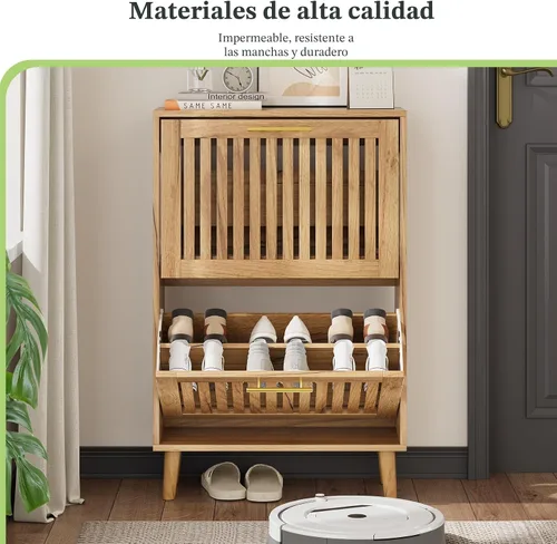 Vista 7 de Gabinete de almacenamiento de zapatos con 2 cajones abatibles con persianas, gabinete de almacenamiento de zapatos estrecho para entrada, gabinete