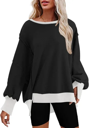 Vista 10 de SHEWIN Sudadera casual de gran tamaño de manga larga con costuras inversas y cuello redondo para mujer Un negro