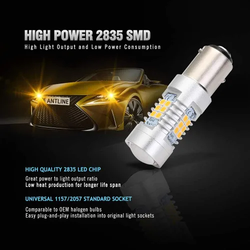 Vista 4 de Antline Súper brillante 1157 1157NA 2057 2357 7528 2357A BAY15D 21-SMD 2835 conjuntos de chips bombillas LED de 1260 lúmenes, amarillas ámbar