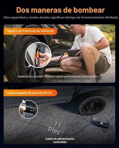 Vista 4 de WOLFBOX Inflador de neumáticos de alta resistencia de 150 PSI, compresor de aire portátil de doble cilindro de 45 LPM para neumáticos de automóvil