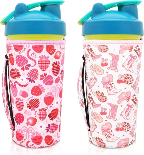 Vista 6 de Paquete de 2 fundas aislantes de neopreno reutilizables para botellas de agua con asa compatibles con botella mezcladora de 28 onzas, vaso de 20