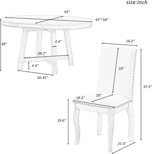Vista 2 de Quarte Juego de mesa de comedor de granja de 5 piezas, mesa de comedor redonda extensible de madera y 4 sillas de comedor tapizadas