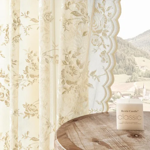 Vista 5 de Cortinas de encaje beige, juego de 2 paneles de cortinas traslúcidas con bolsillo para cortinero, decoración de ventana pequeña, baño, sótano